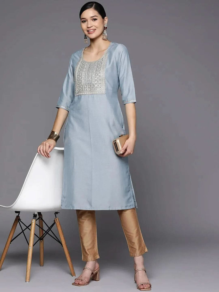 Grey Embroidered Silk Straight Kurta - Libas