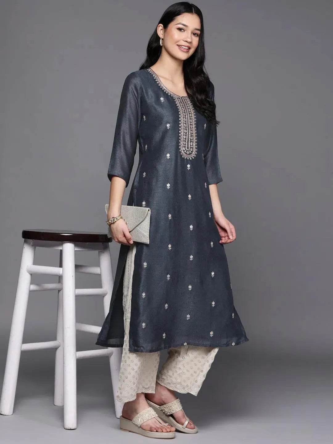 Grey Embroidered Silk Straight Kurta - Libas 