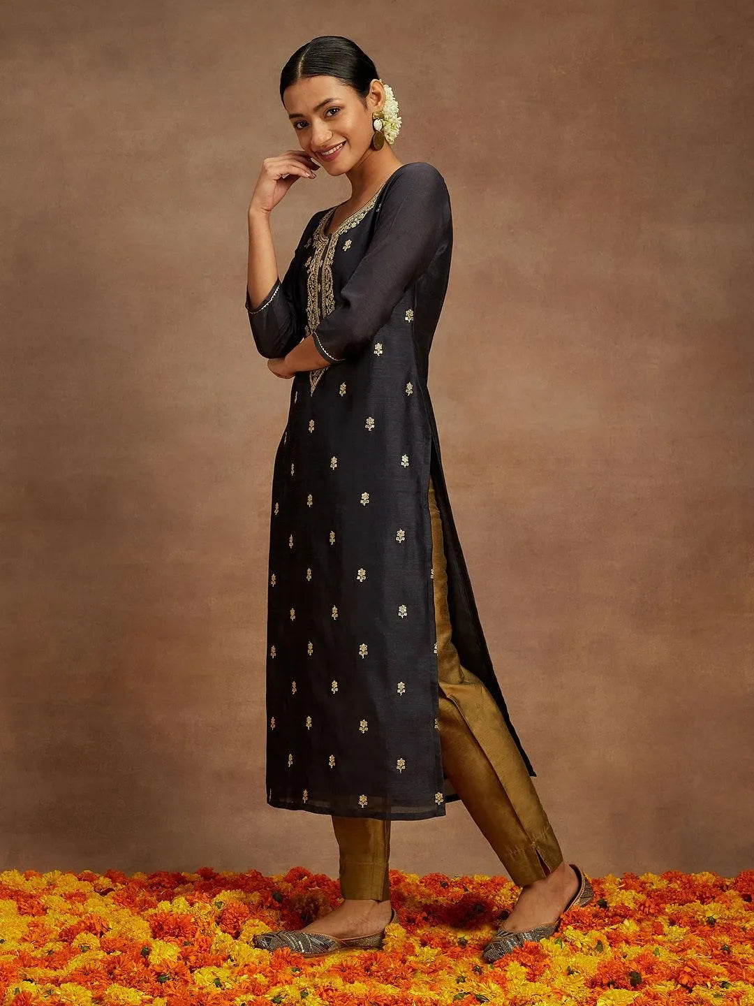 Grey Embroidered Silk Straight Kurta - Libas 