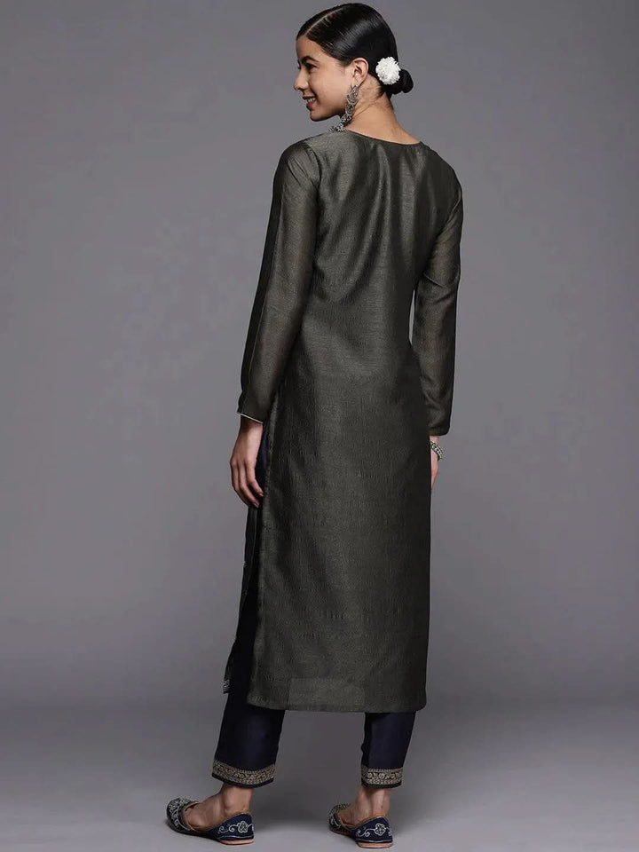 Grey Embroidered Silk Straight Kurta - Libas