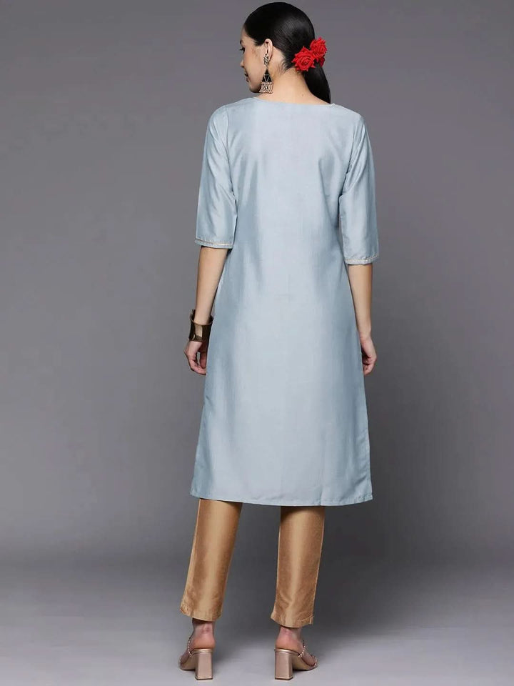 Grey Embroidered Silk Straight Kurta - Libas
