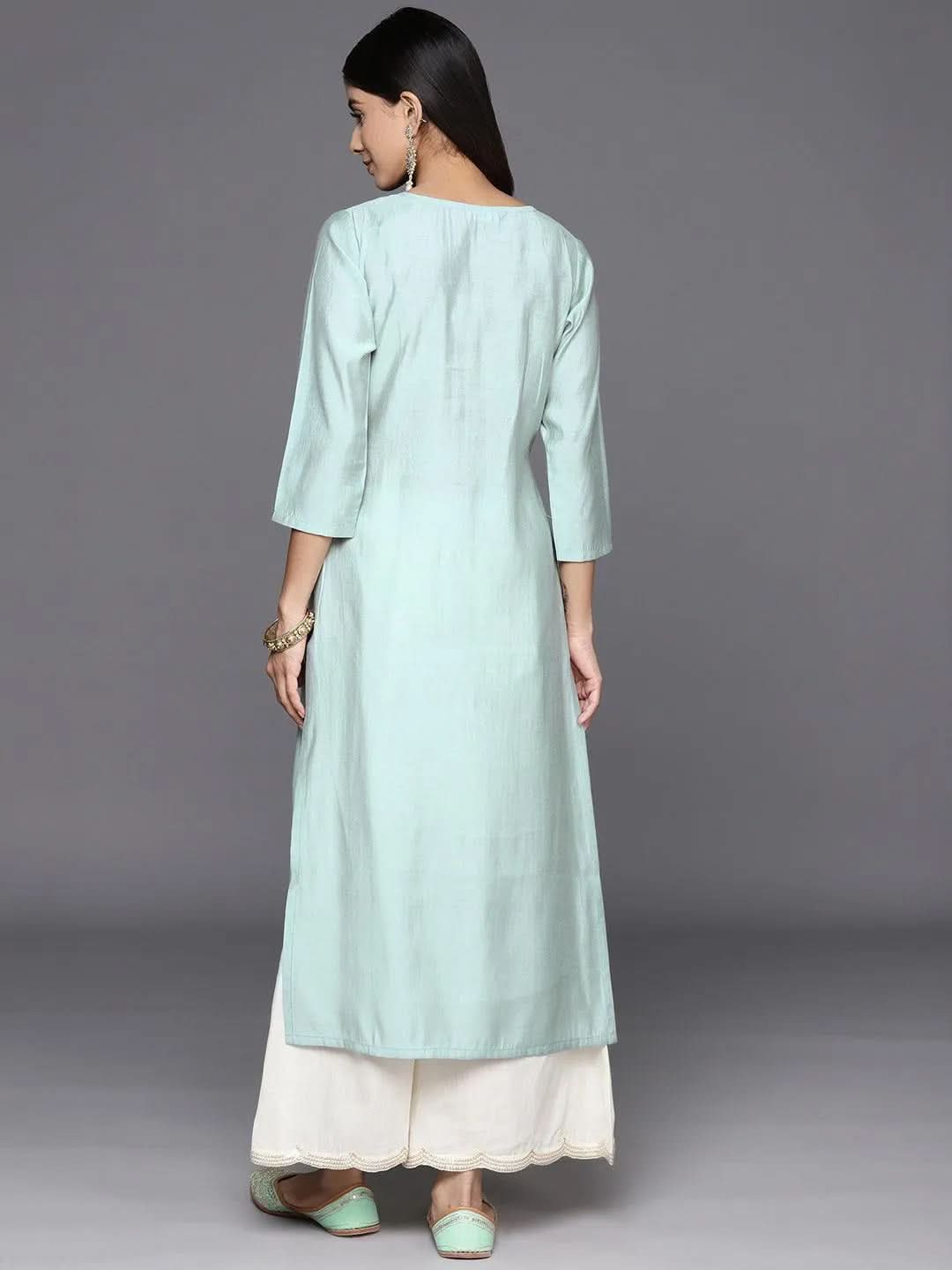 Grey Embroidered Silk Straight Kurta - Libas 