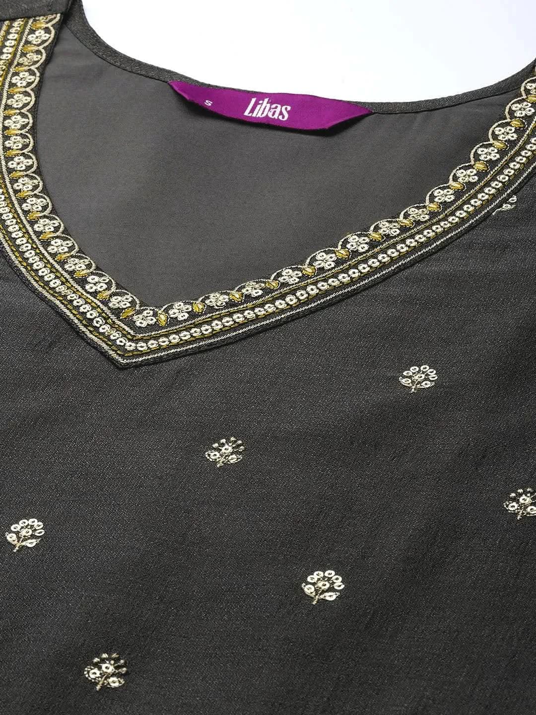 Grey Embroidered Silk Straight Kurta - Libas 