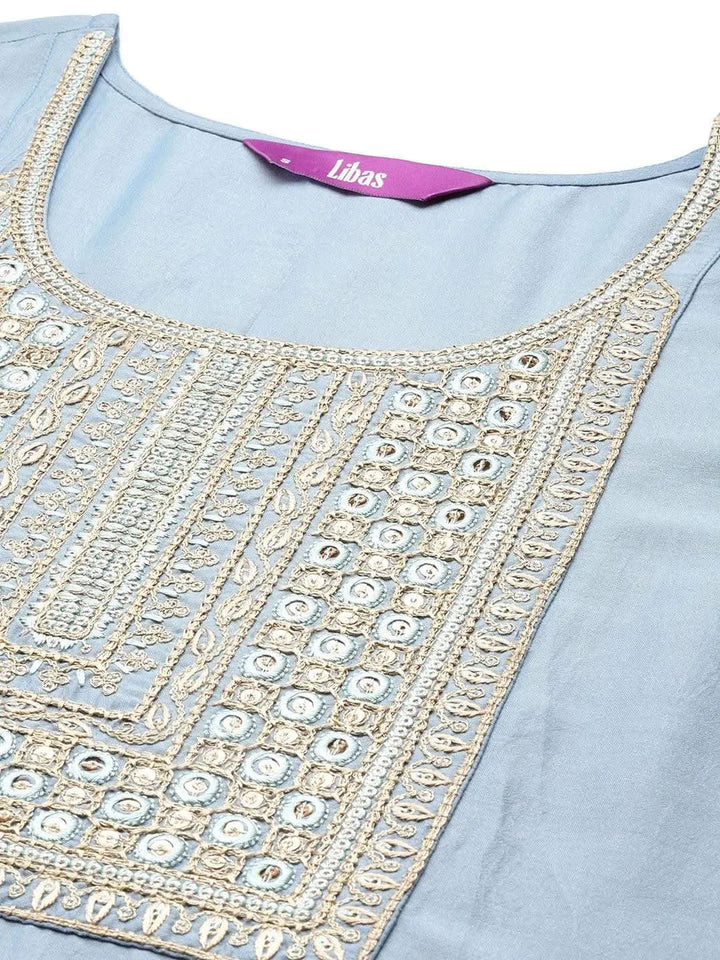 Grey Embroidered Silk Straight Kurta - Libas