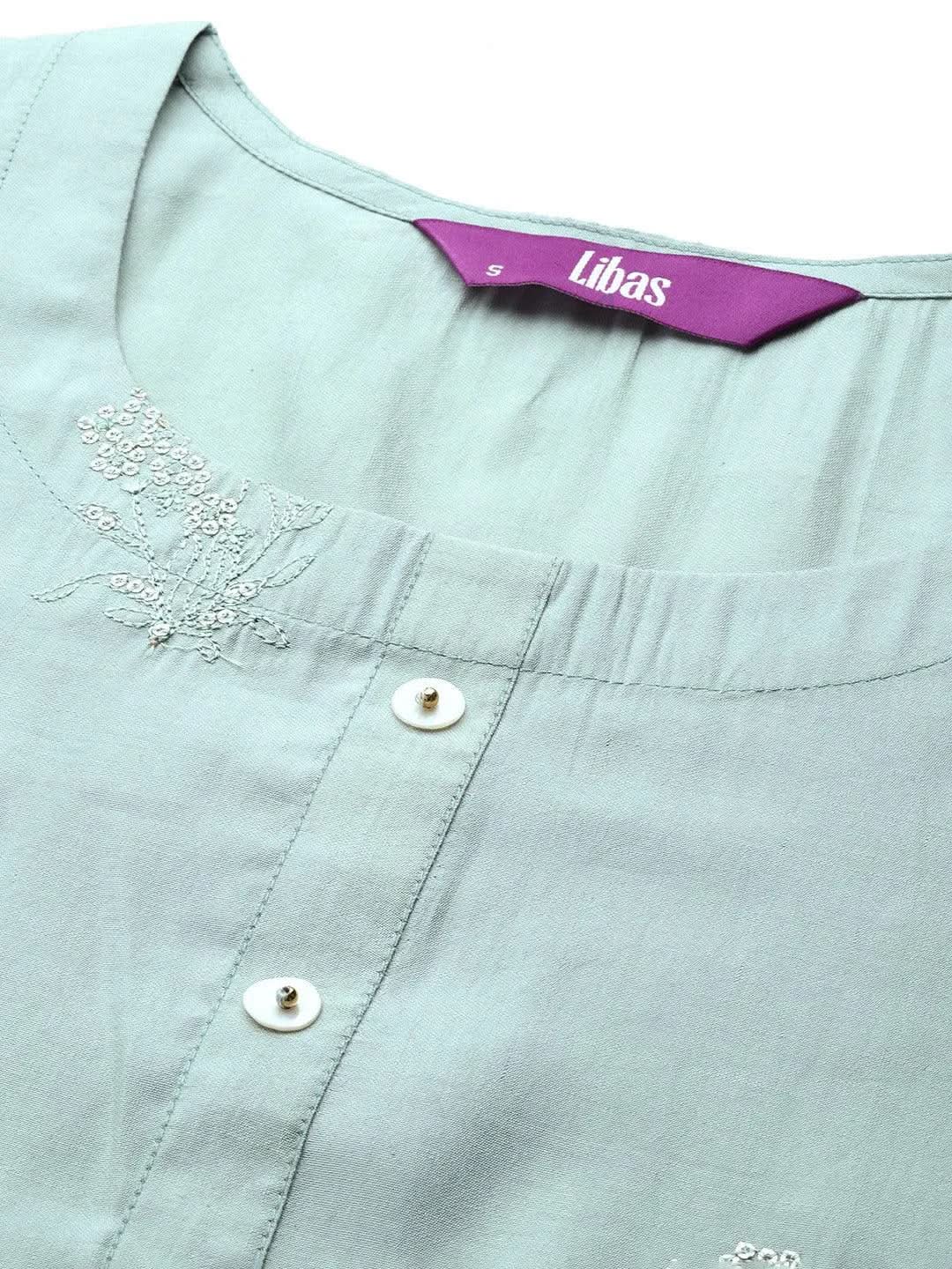 Grey Embroidered Silk Straight Kurta - Libas 