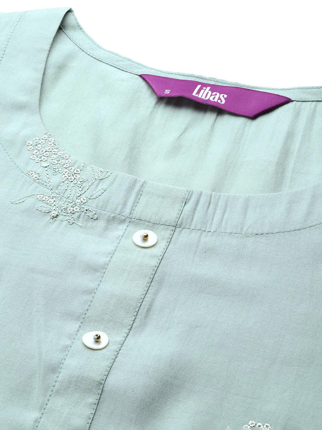 Grey Embroidered Silk Straight Kurta - Libas