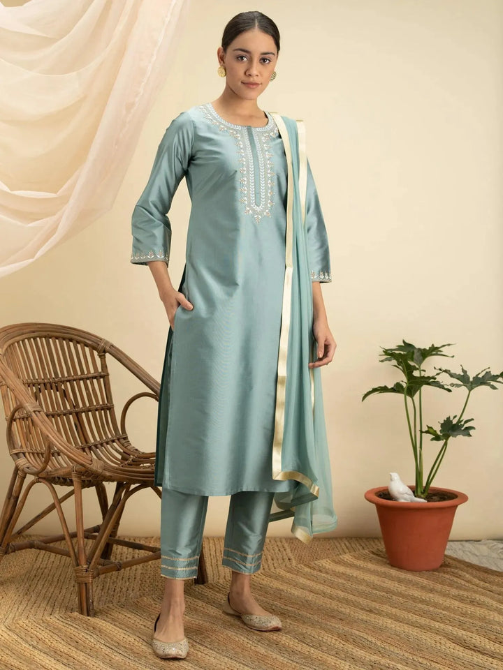 Grey Embroidered Silk Suit Set - Libas