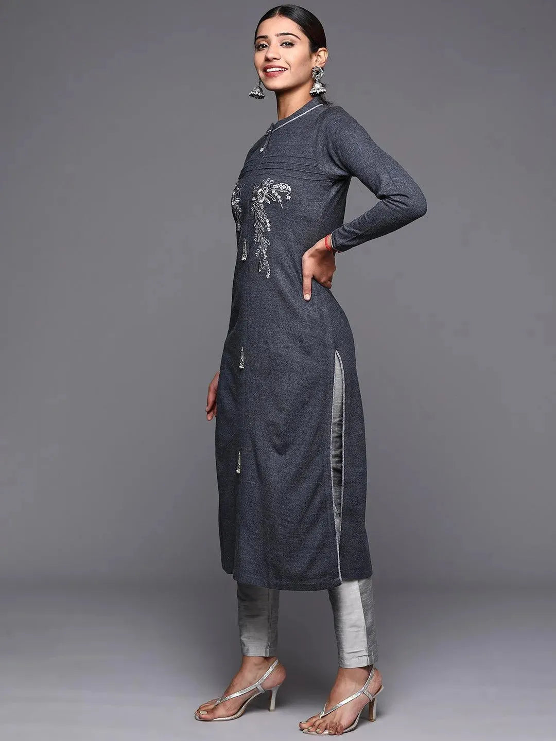 Grey Embroidered Wool Straight Kurta - Libas 