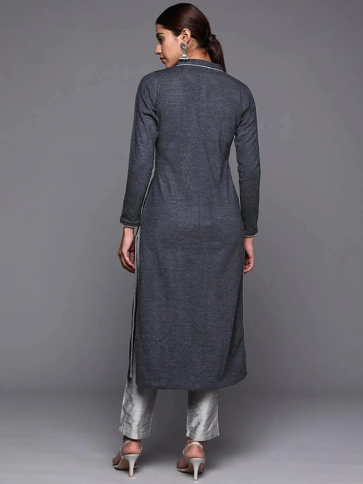 Grey Embroidered Wool Straight Kurta - Libas