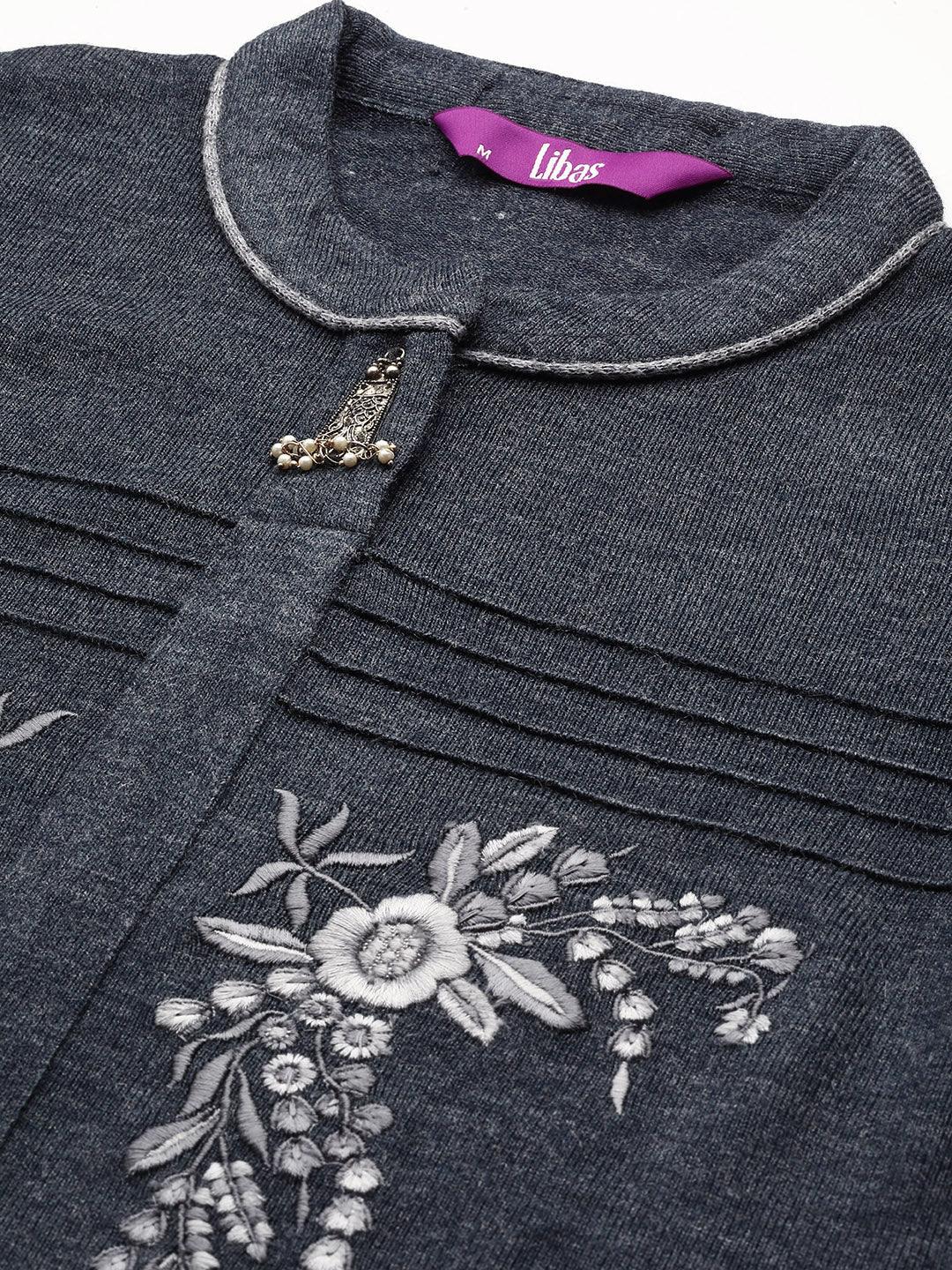 Grey Embroidered Wool Straight Kurta - Libas