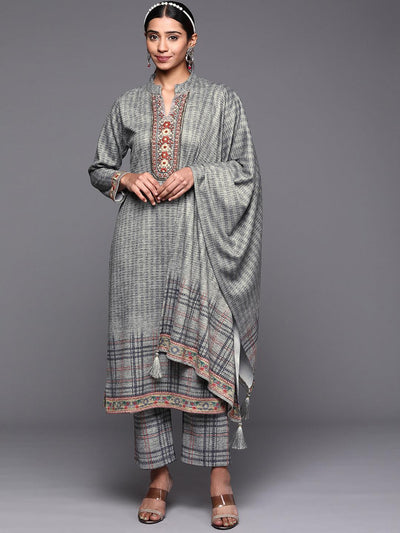 Grey Embroidered Wool Straight Suit Set - Libas