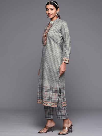 Grey Embroidered Wool Straight Suit Set - Libas