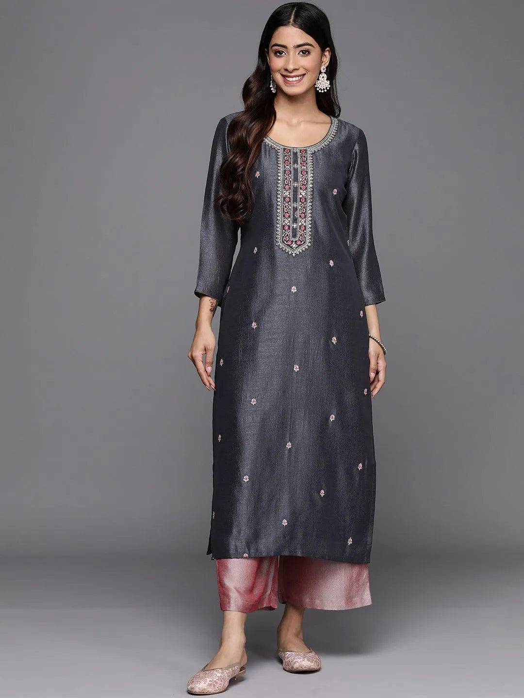 Grey Embellished Silk Straight Kurta - Libas