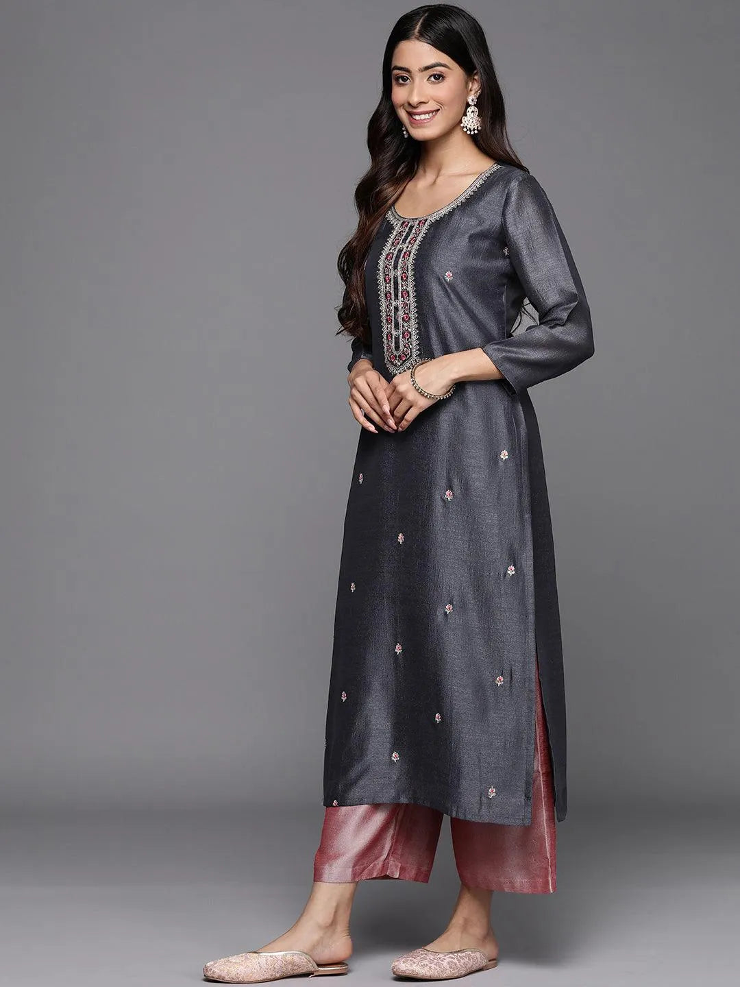 Grey Embellished Silk Straight Kurta - Libas 