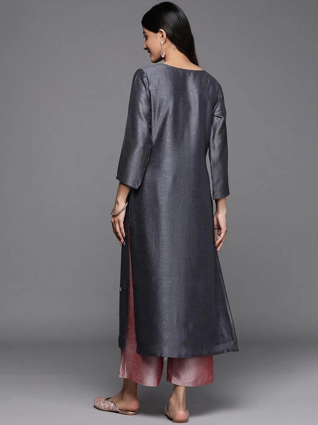 Grey Embellished Silk Straight Kurta - Libas 