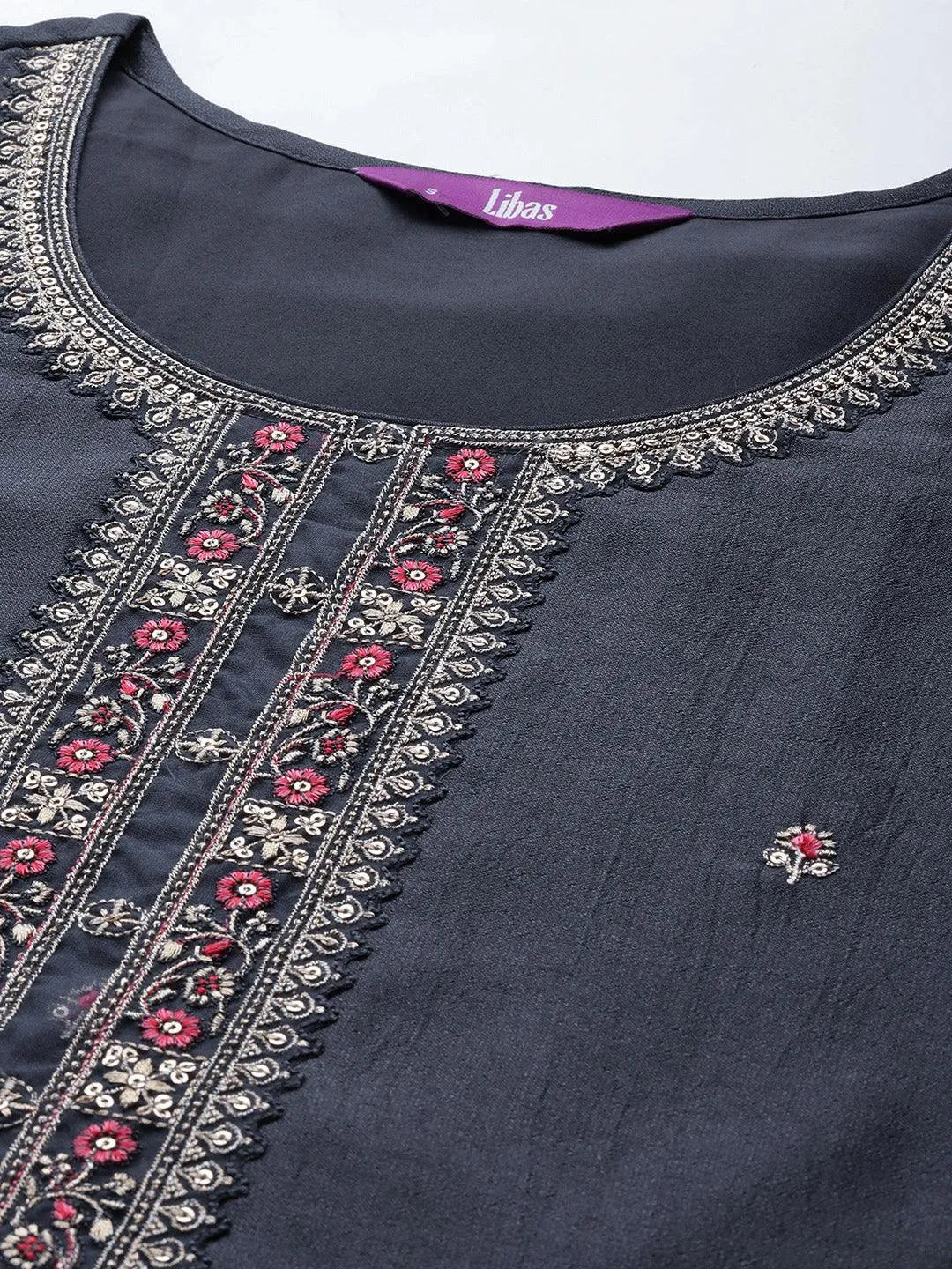 Grey Embellished Silk Straight Kurta - Libas