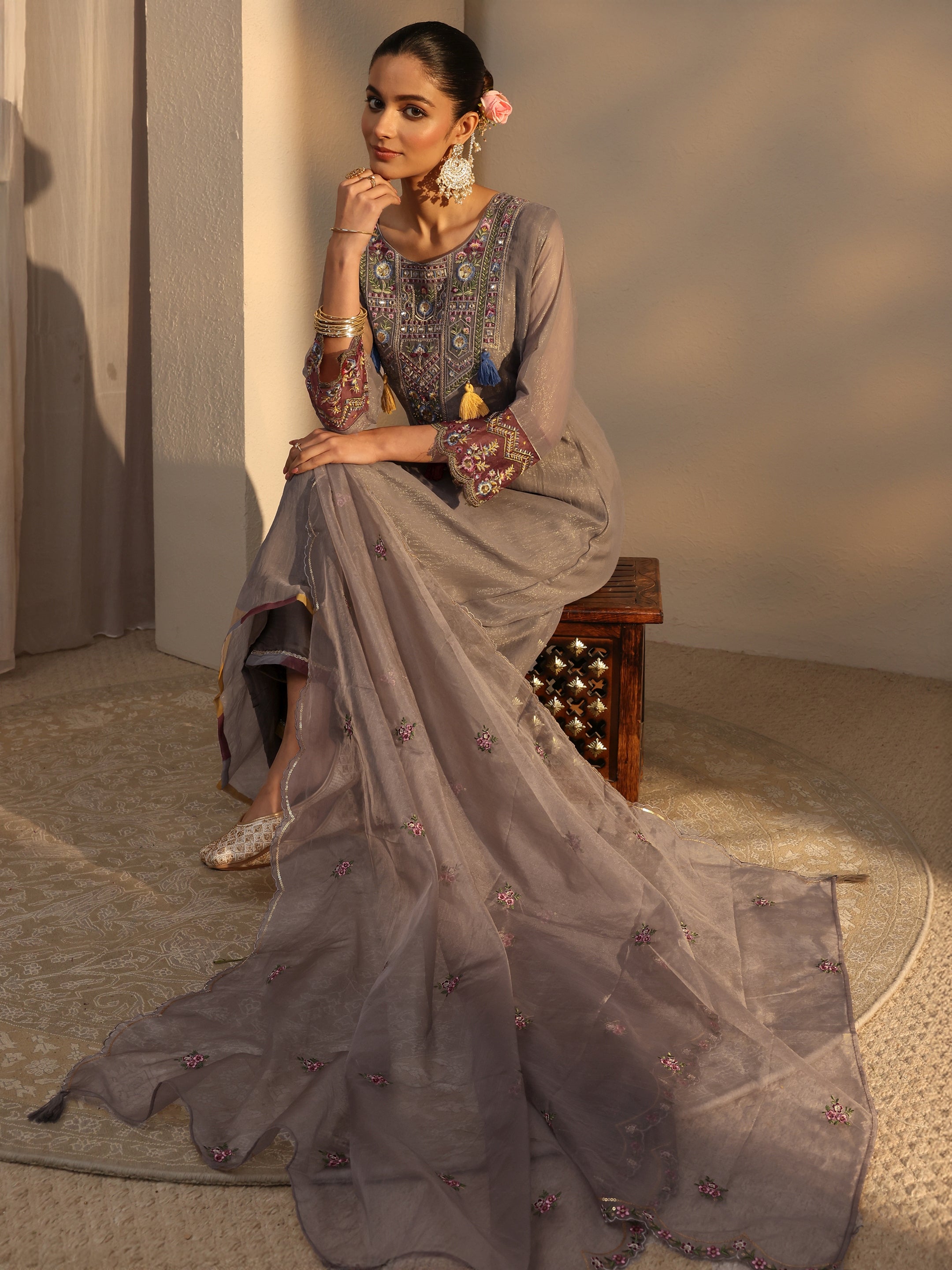 libas Grey Ethnic Embroidered Organza A-Line Suits Set With Dupatta-picture-34