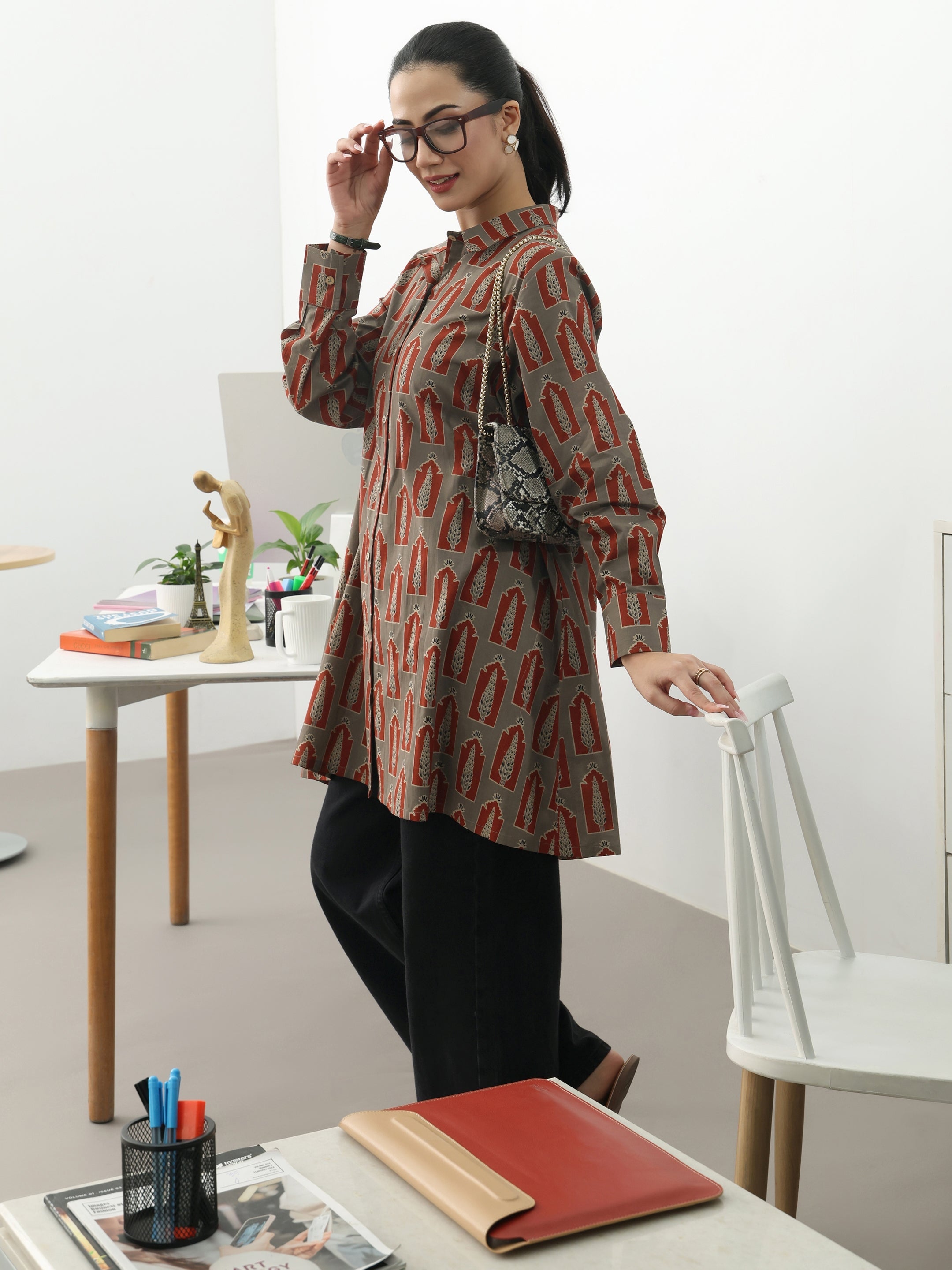 Grey Ethnic Motifs Printed Cotton Shirt-image-33