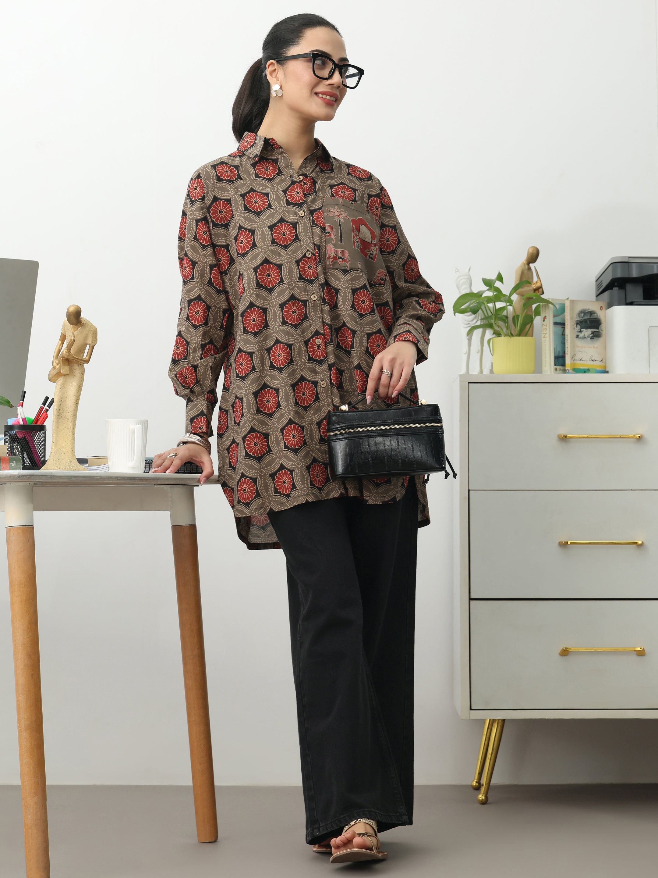 Grey Ethnic Motifs Printed Cotton Shirt-image-35