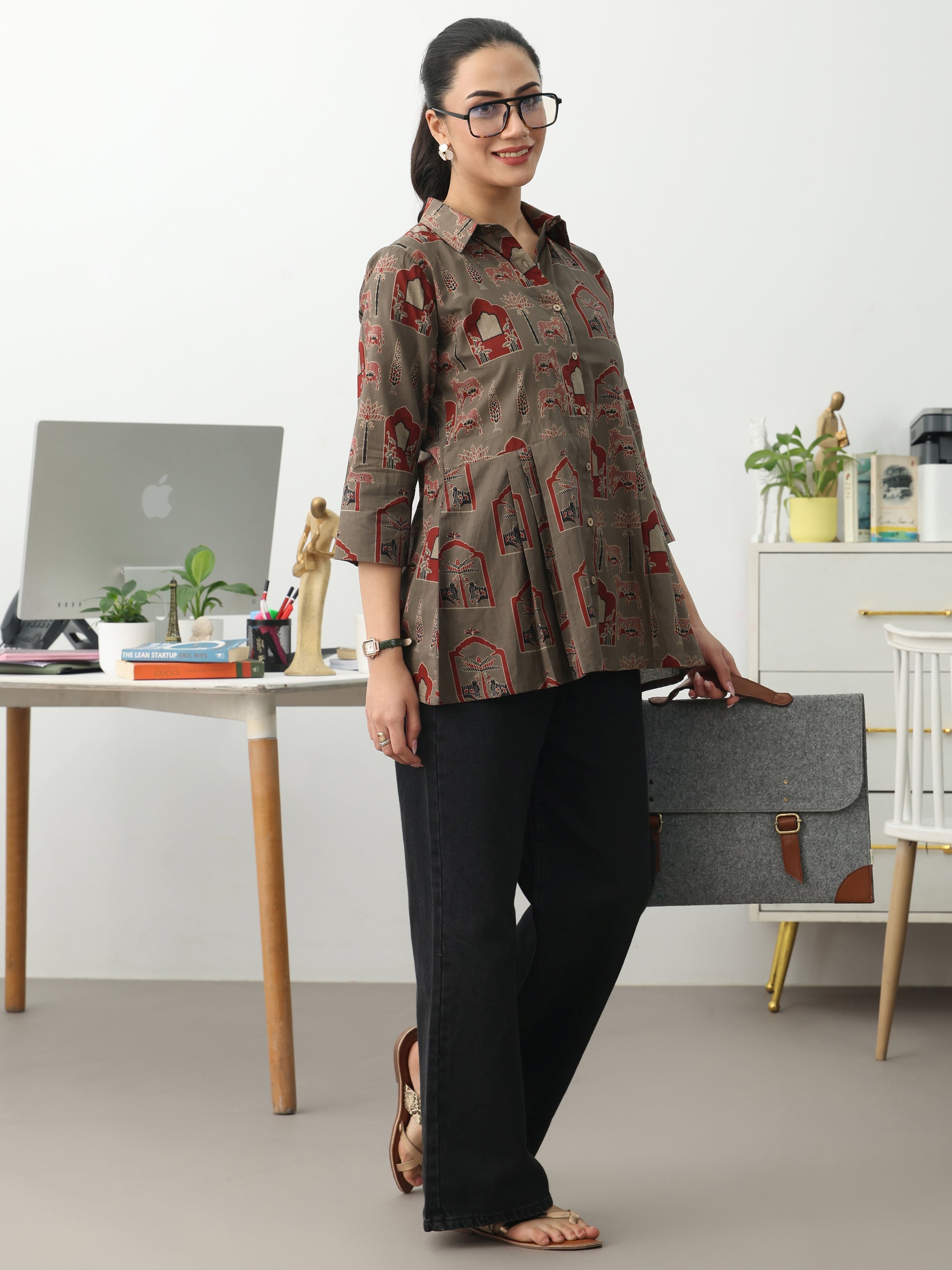 Grey Ethnic Motifs Printed Cotton Shirt-image-10