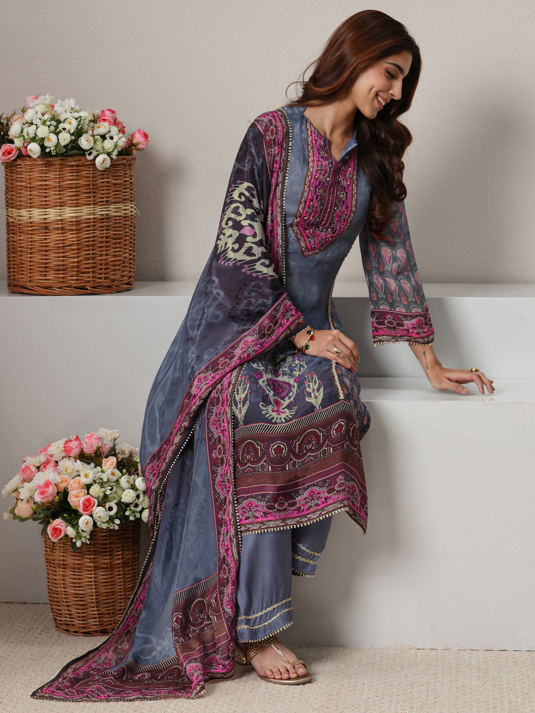  Grey Ethnic Printed Crepe Straight Suit Set With Dupatta 