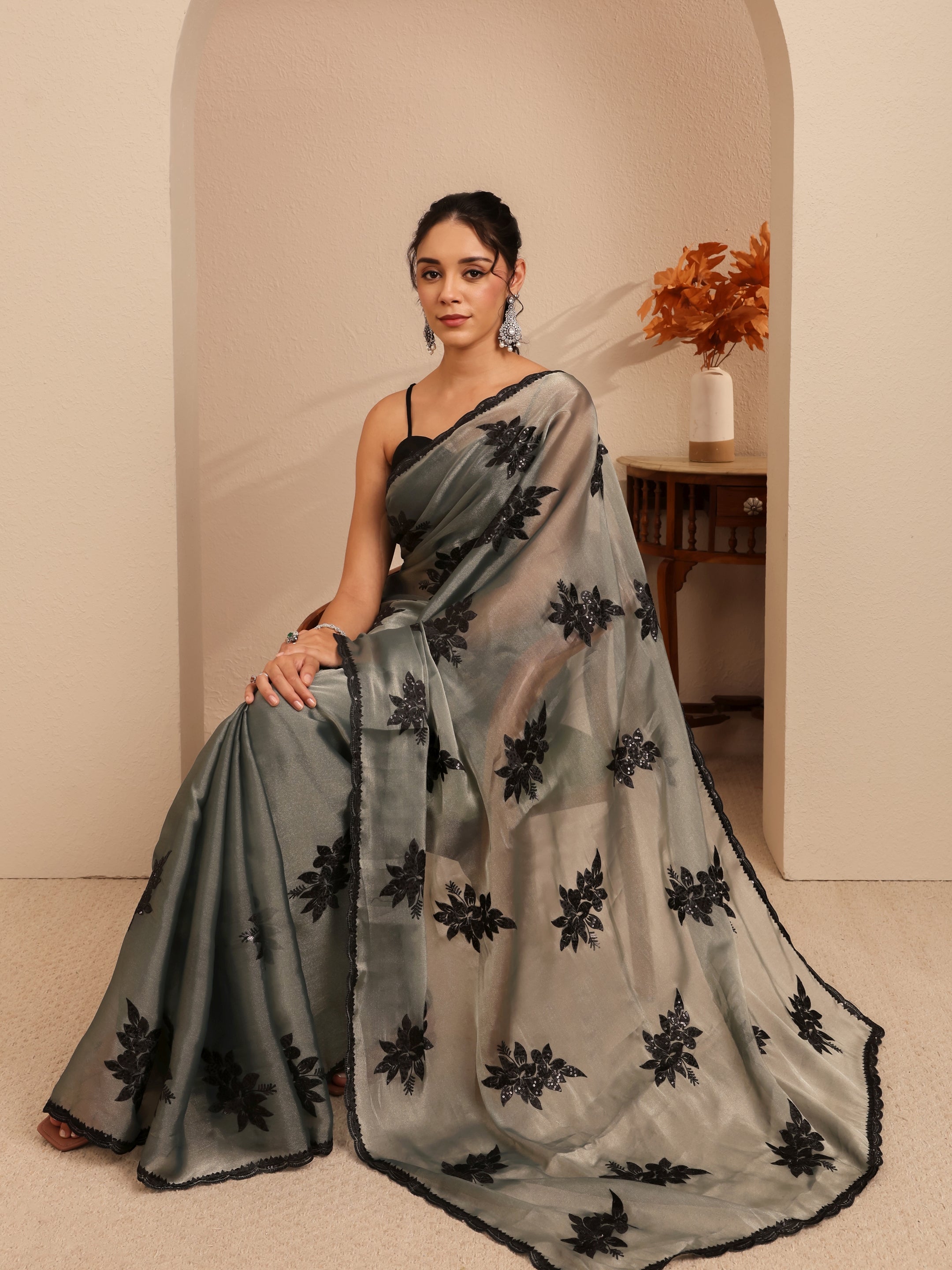 libas Grey Floral Embroidered Organza Saree-picture-52