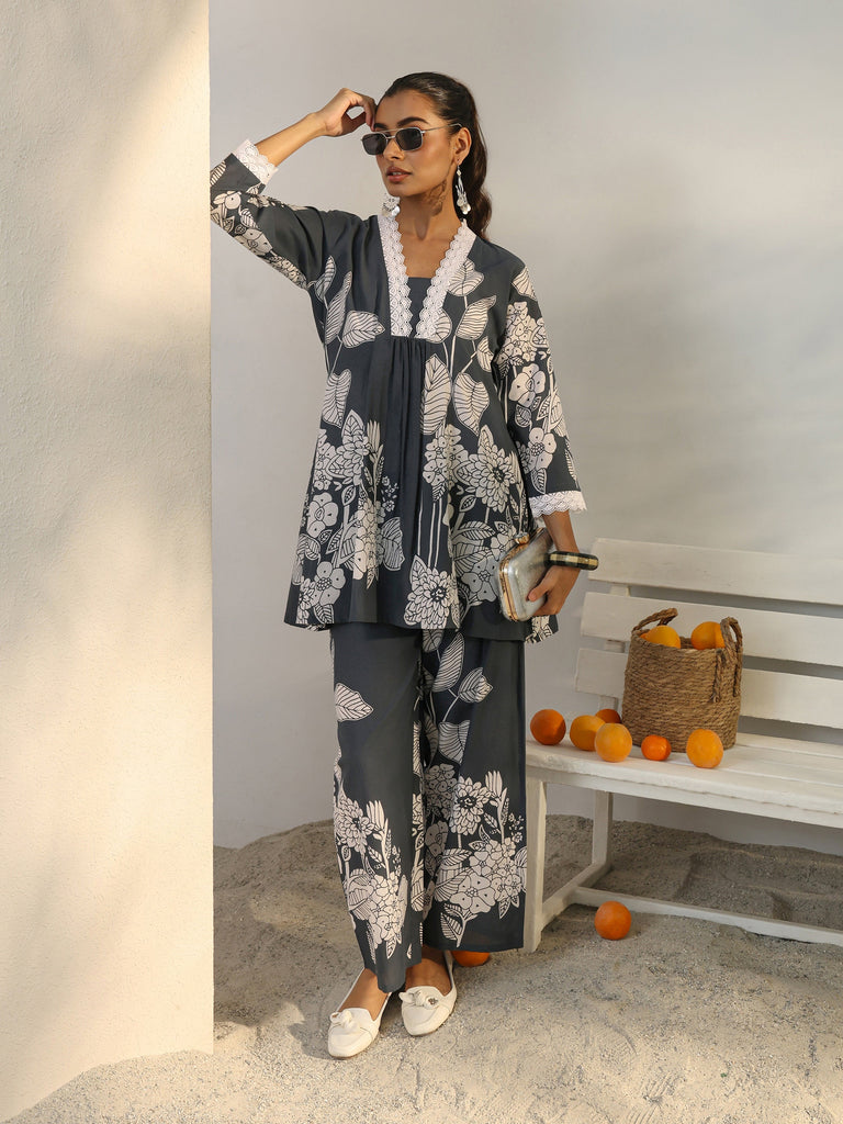 Libas Grey Floral Printed Cotton Co-Ord Set