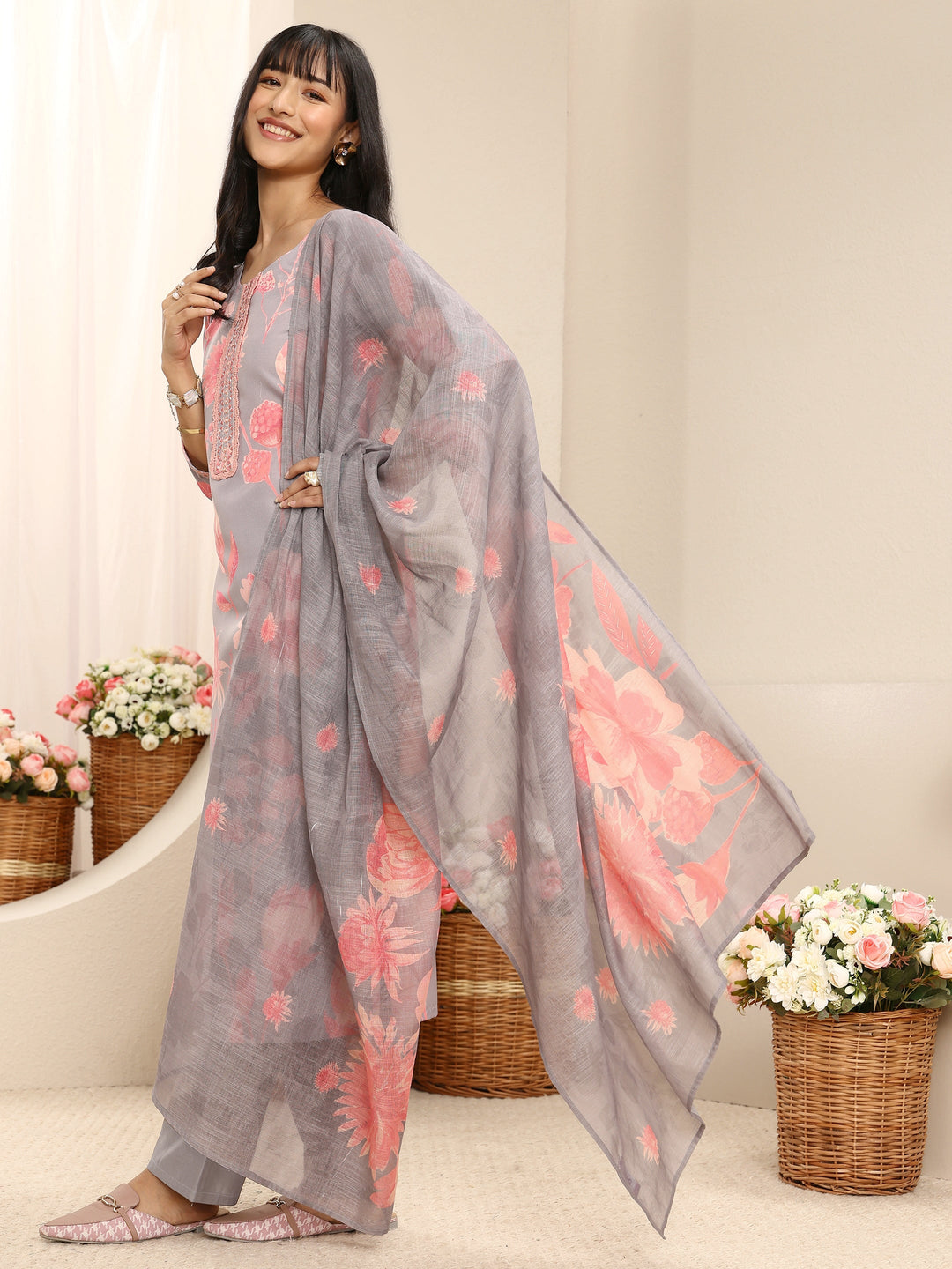  Grey Floral Printed Linen Straight Suit Set With Dupatta 