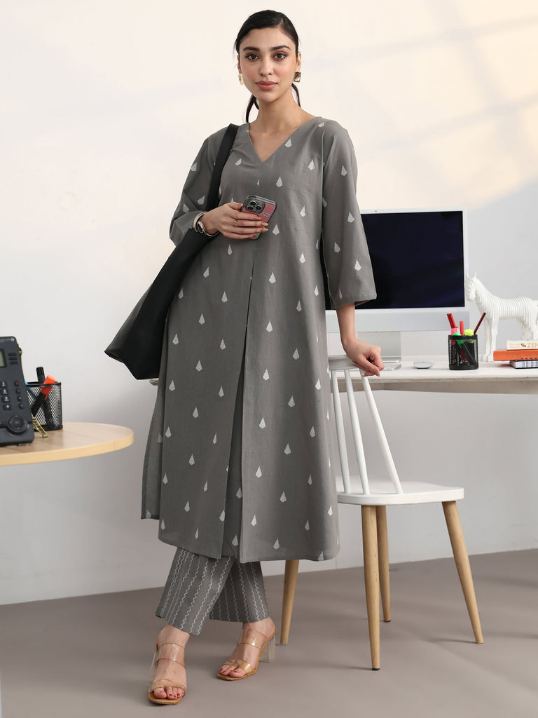 Gerua Grey Floral Woven Design Cotton Blend A-Line Kurta Set