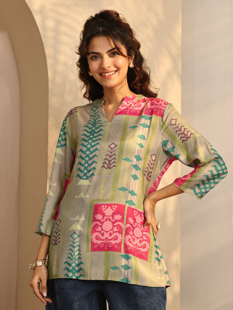 Libas Grey Geometric Printed Silk Blend Straight Short Kurti
