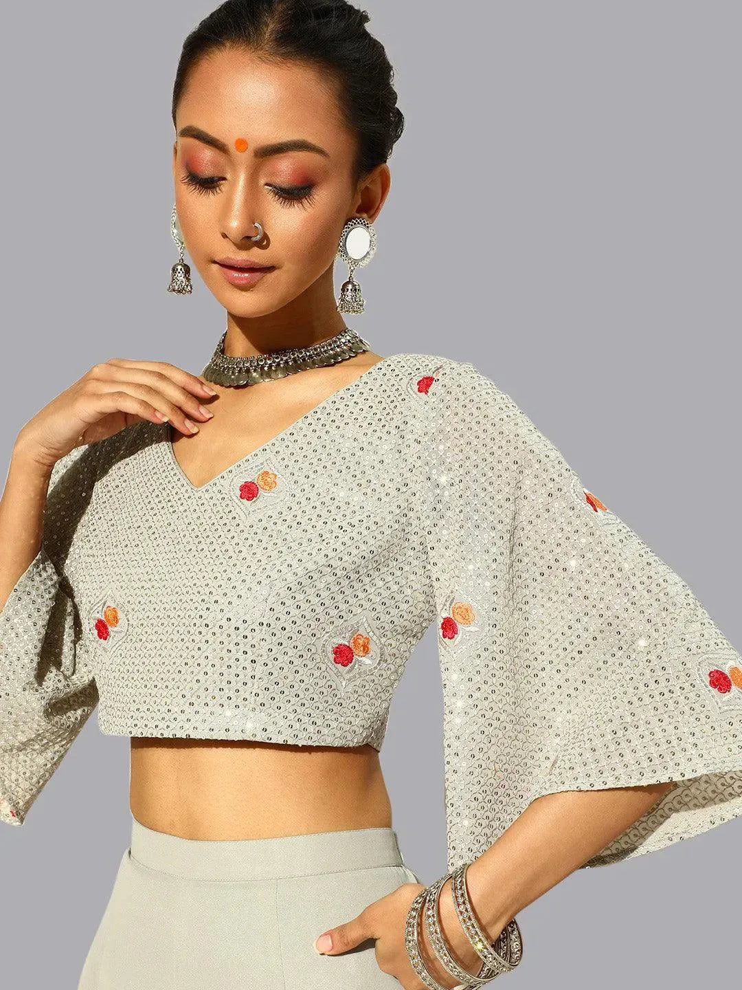 Grey Georgette Palazzo Saree - Libas 