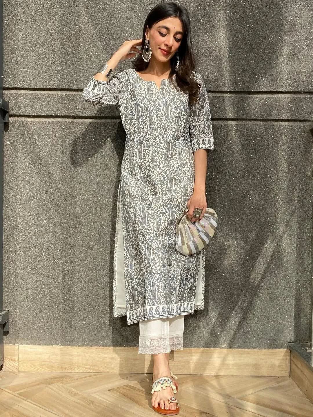

Grey Printed Chanderi Silk Kurta