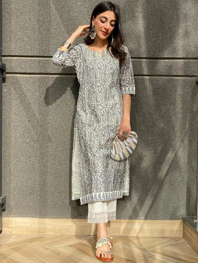 Grey Printed Chanderi Silk Kurta - Libas