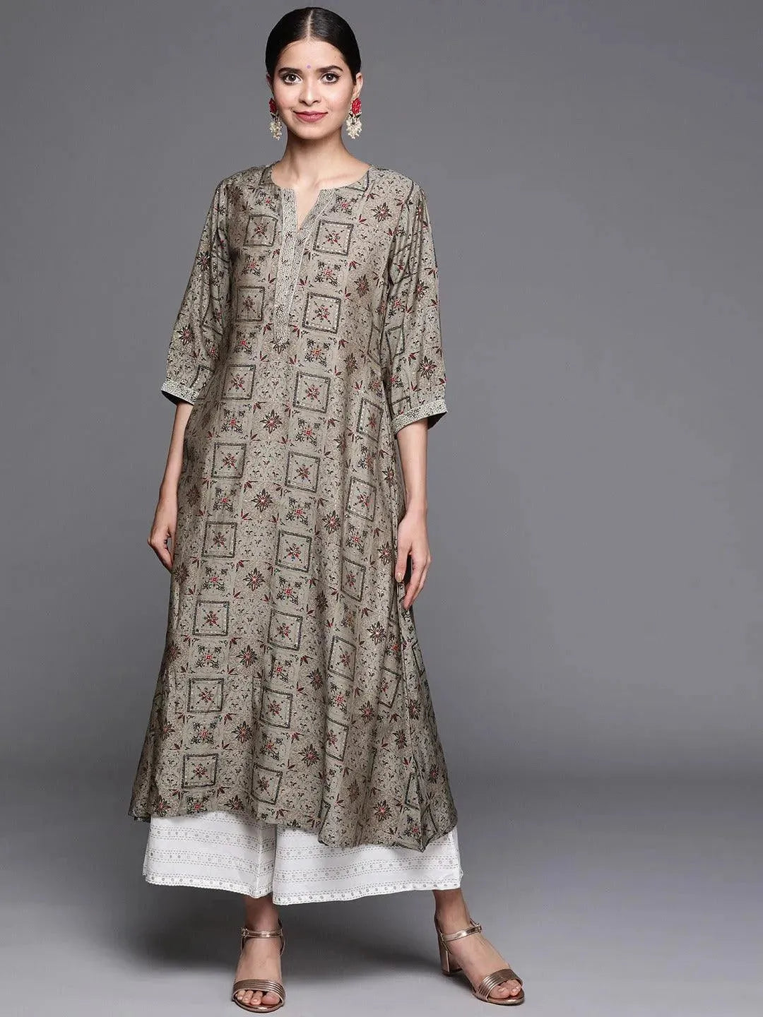 Grey Printed Chanderi Silk Kurta - Libas