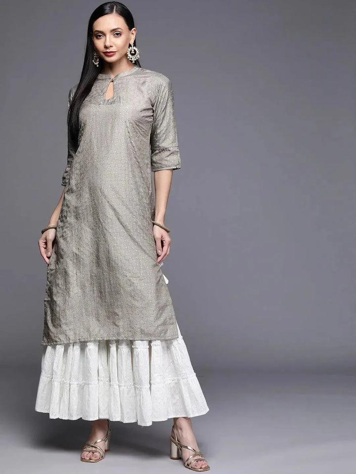 Grey Printed Chanderi Silk Kurta - Libas