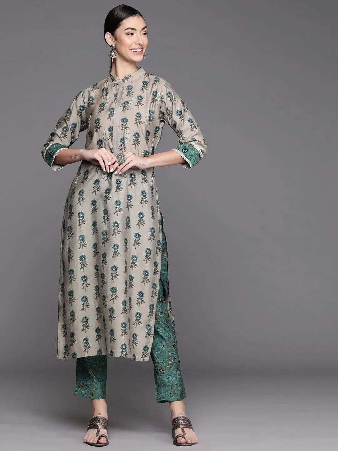 

Buy Grey Printed Chanderi Silk Kurta - 23176O- | Libas Ethnic Wear Online