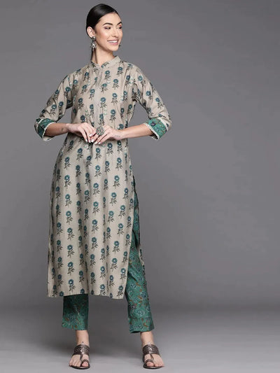 Grey Printed Chanderi Silk Kurta - Libas