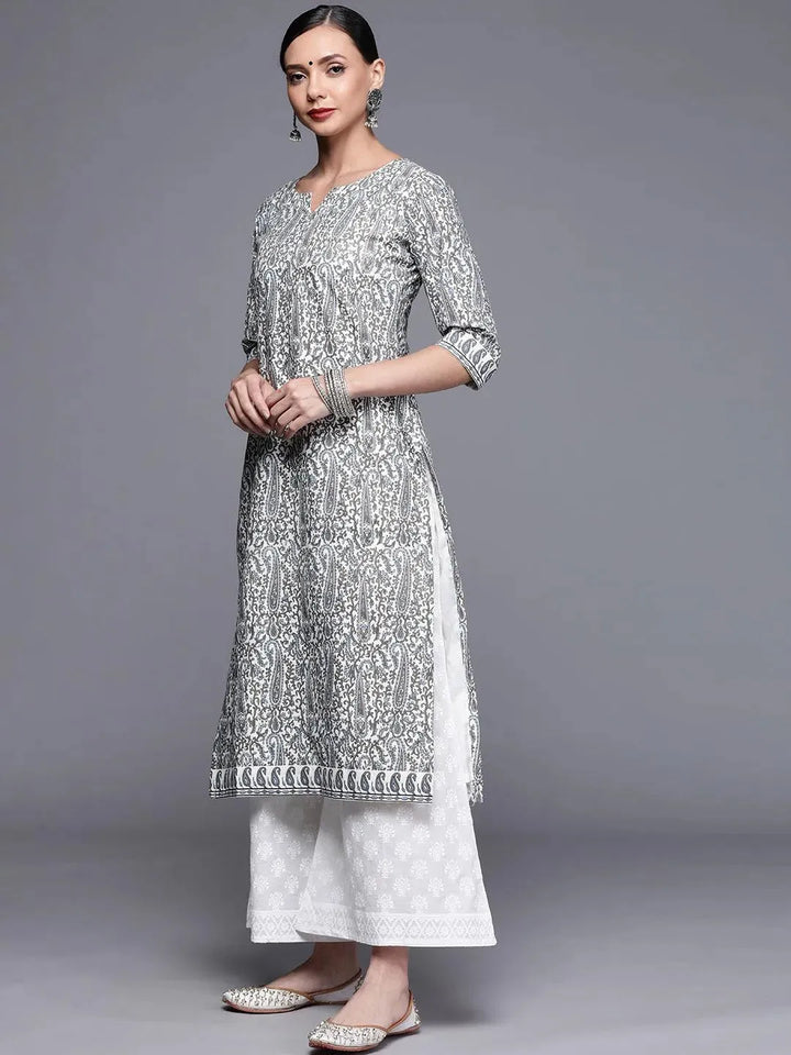 Grey Printed Chanderi Silk Kurta - Libas