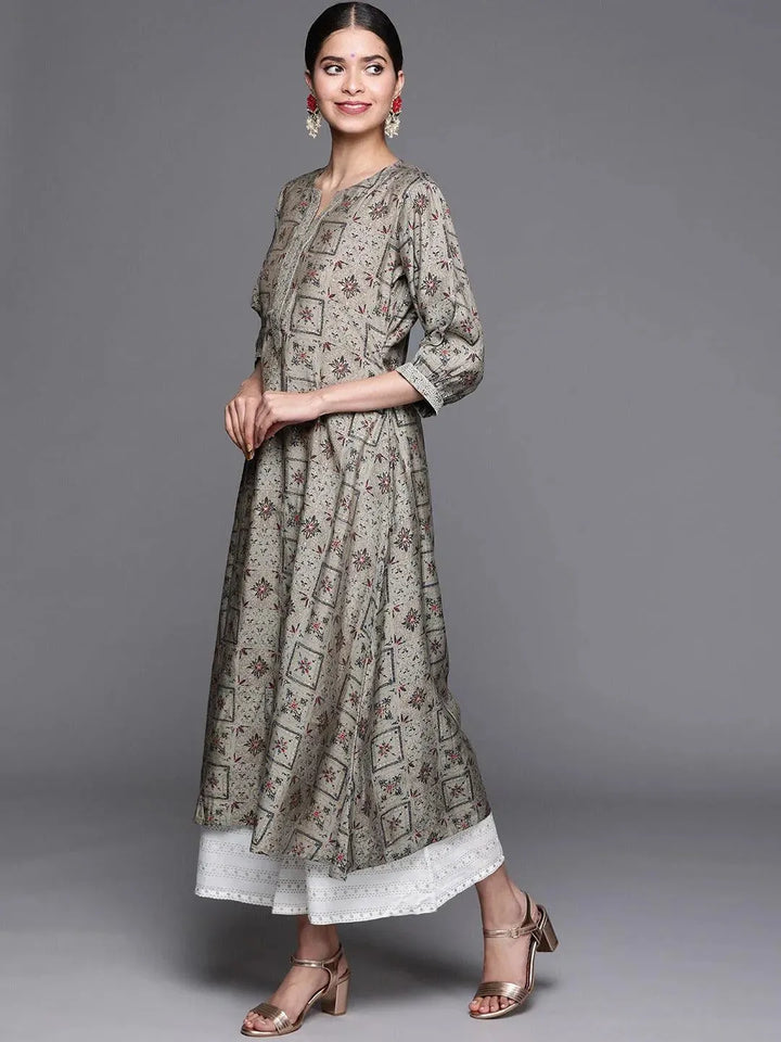 Grey Printed Chanderi Silk Kurta - Libas