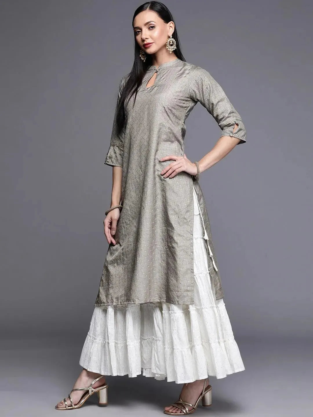 Grey Printed Chanderi Silk Kurta - Libas