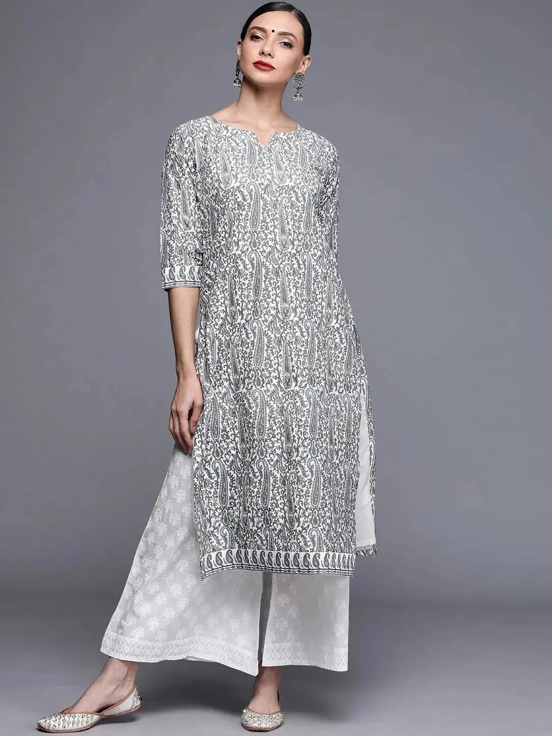 Grey Printed Chanderi Silk Kurta - Libas 