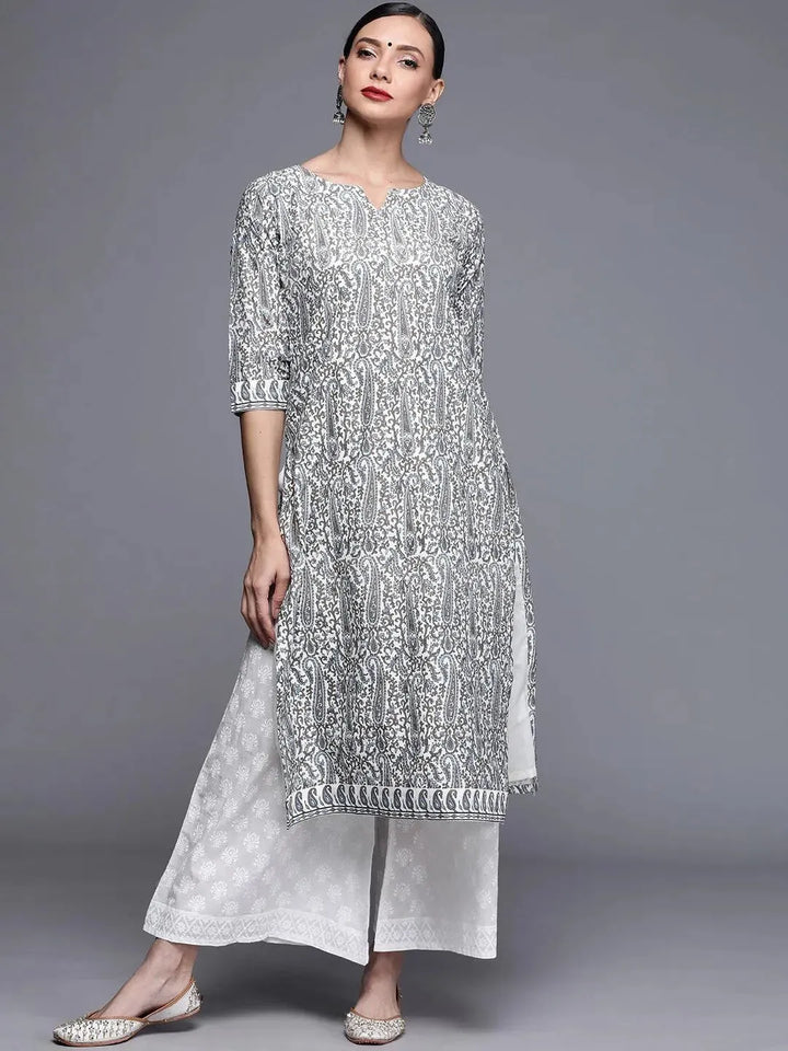 Grey Printed Chanderi Silk Kurta - Libas