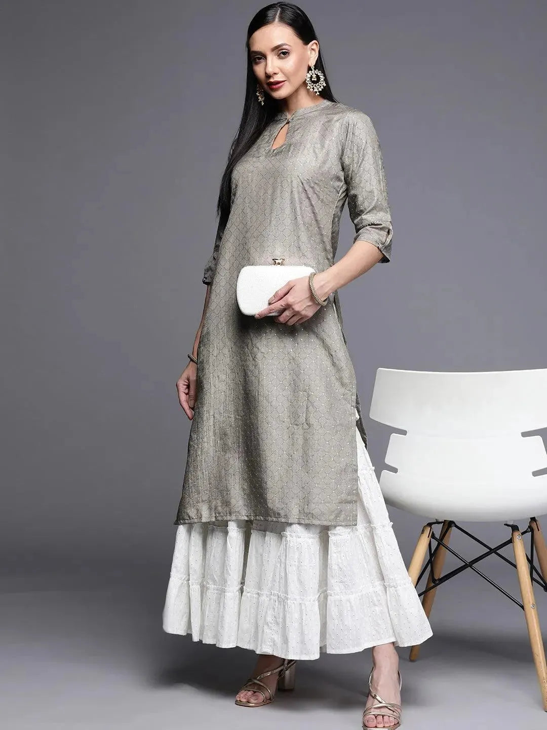 Grey Printed Chanderi Silk Kurta - Libas