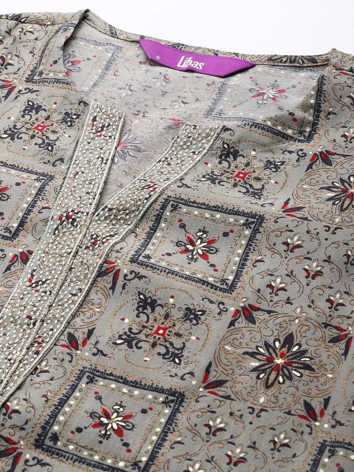 Grey Printed Chanderi Silk Kurta - Libas