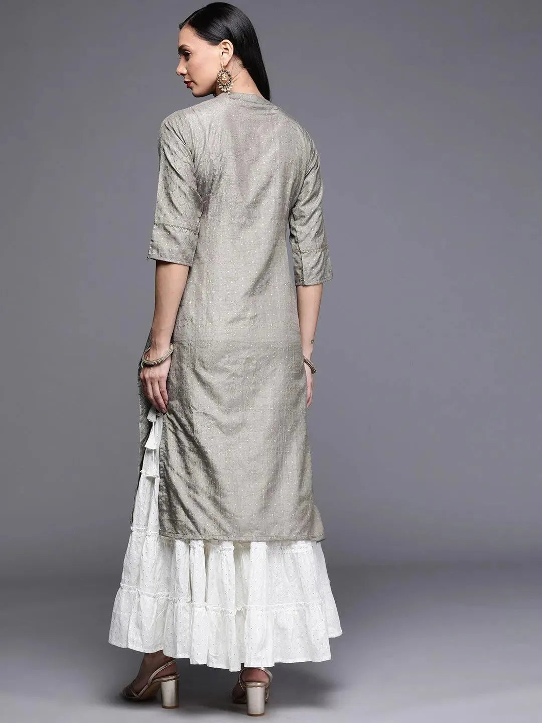 Grey Printed Chanderi Silk Kurta - Libas