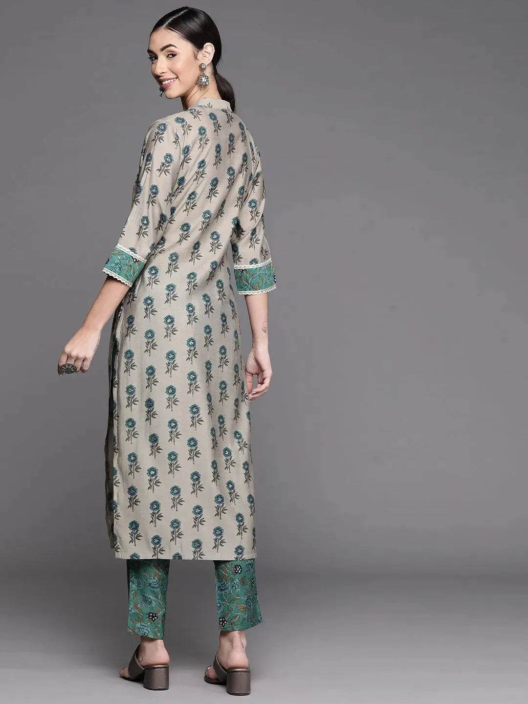 Grey Printed Chanderi Silk Kurta - Libas 