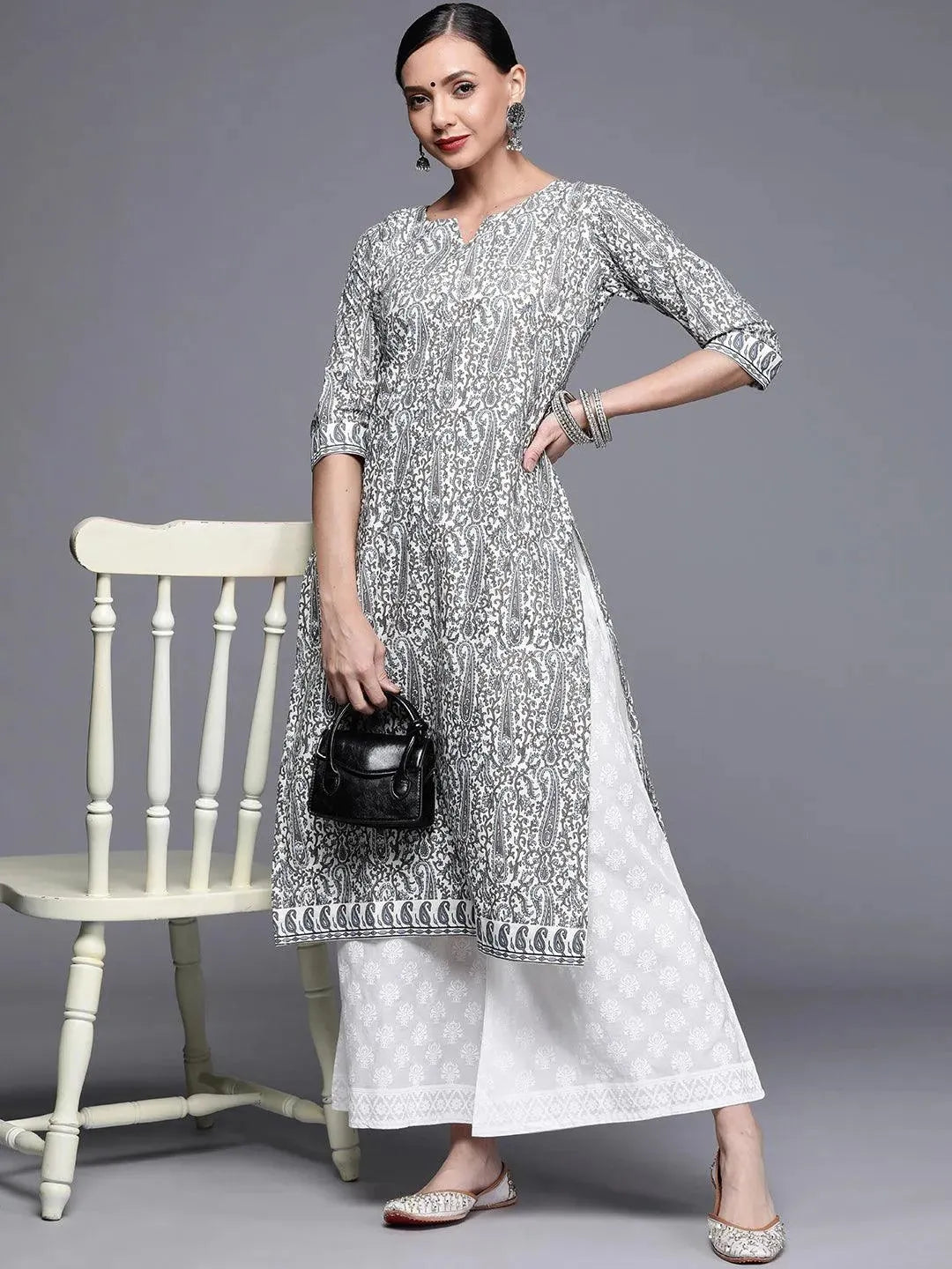 Grey Printed Chanderi Silk Kurta - Libas 