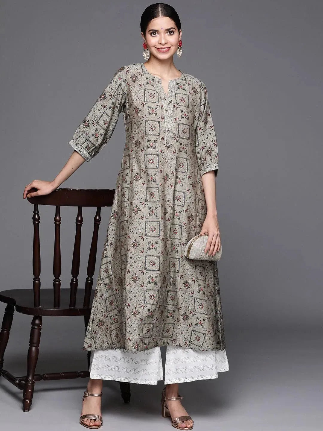 Grey Printed Chanderi Silk Kurta - Libas 