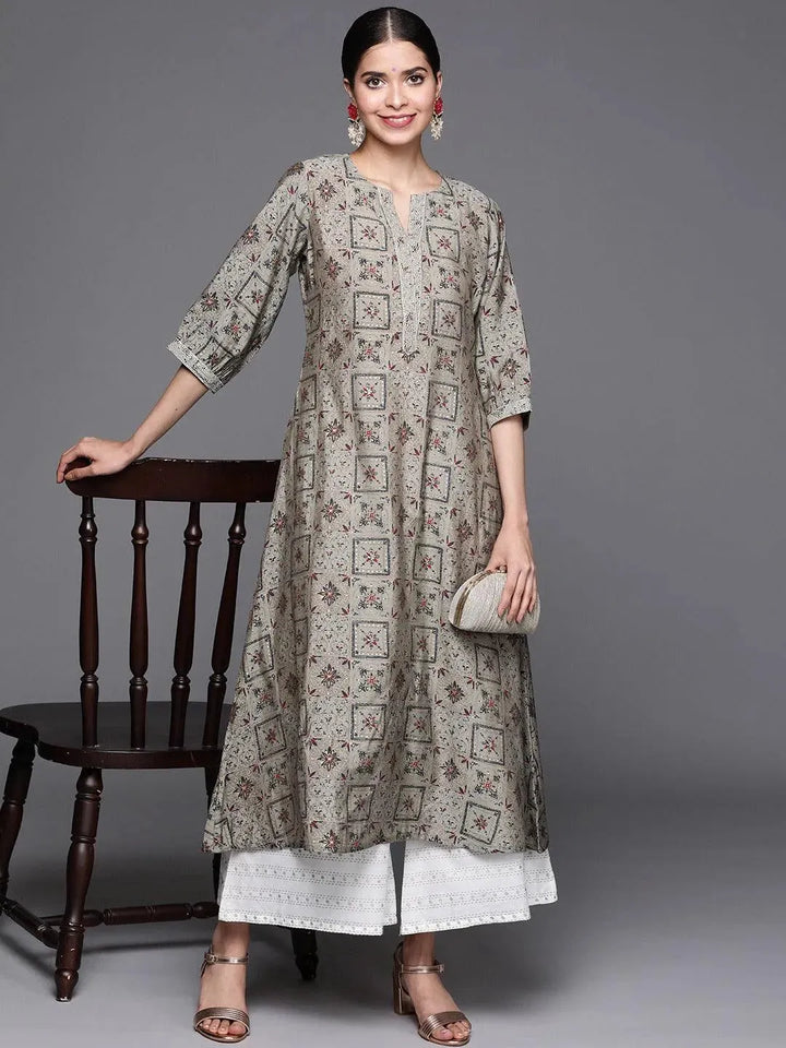Grey Printed Chanderi Silk Kurta - Libas