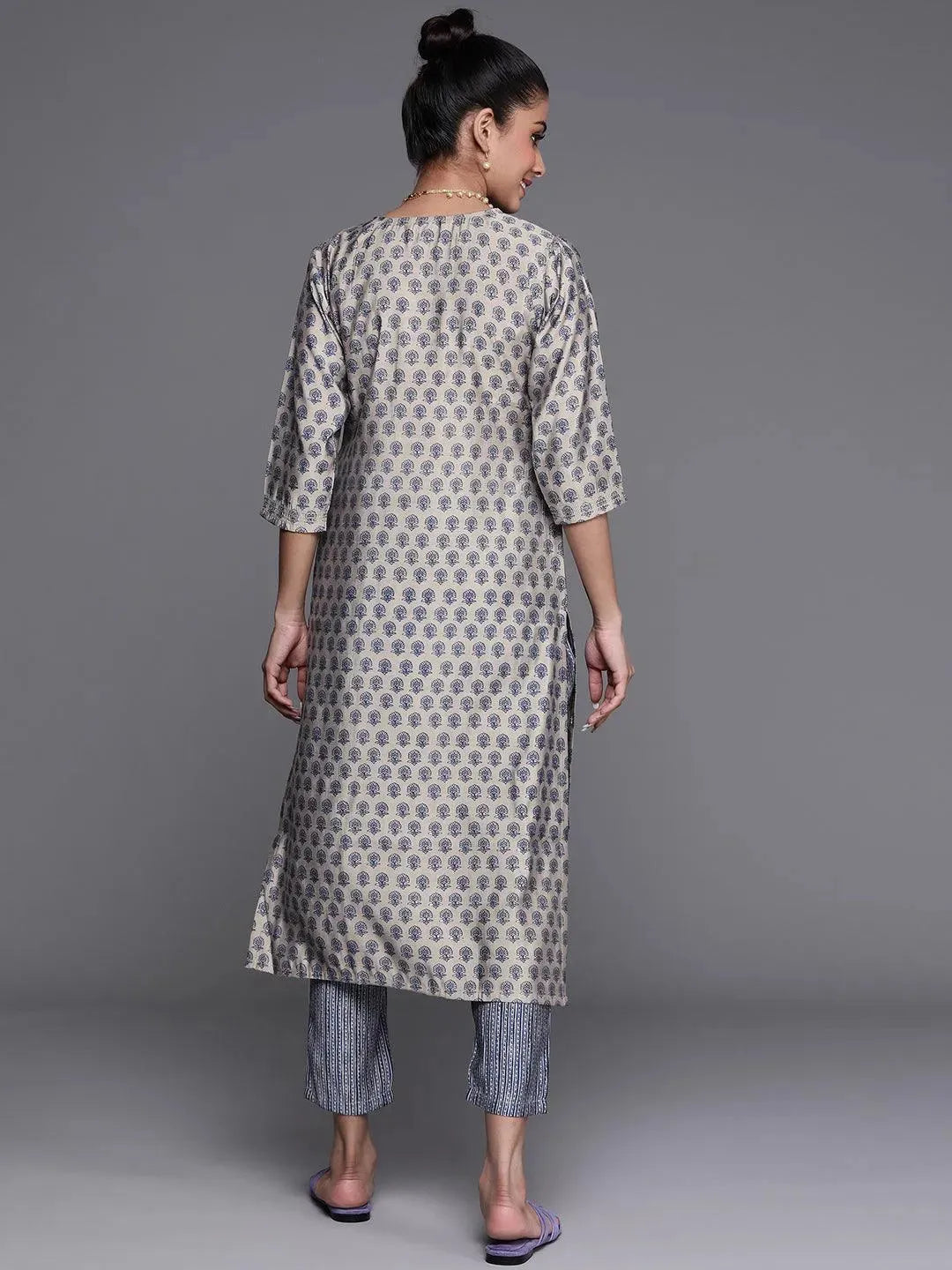 Grey Printed Chanderi Silk Kurta - Libas